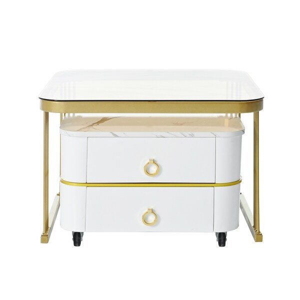 Mieres Stackable Coffee Table,Nesting Tables with Brown Tempered Glass,Wheels and Drawers and High Gloss Marble Grain Top