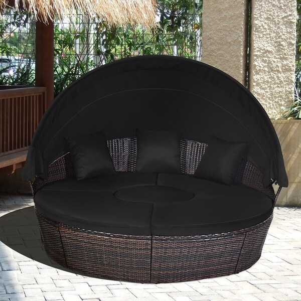 Costway Patio Rattan Daybed Cushioned Sofa Adjustable Table Top Canopy