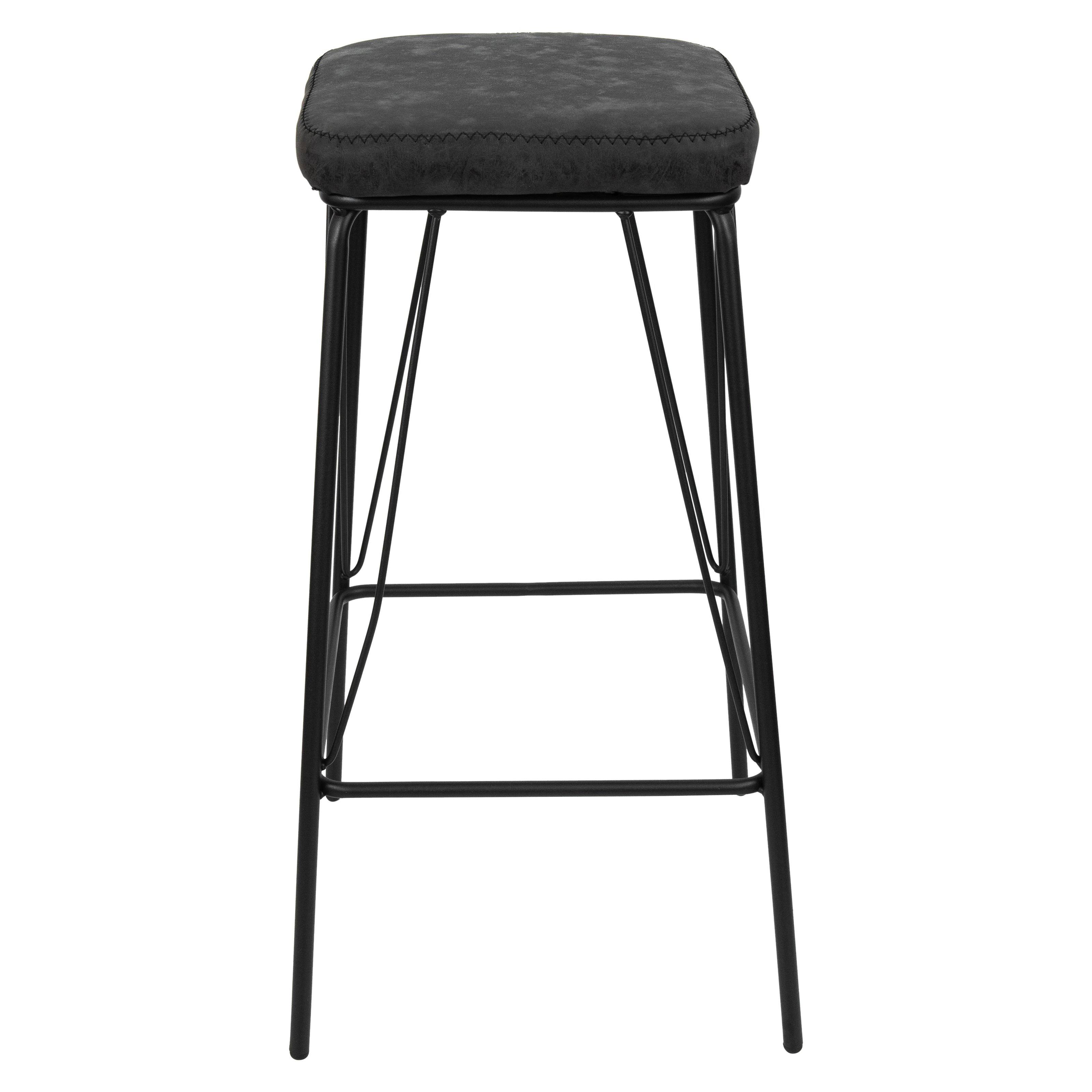 LeisureMod Millard Leather Bar Stool with Metal Frame Charcoal Black / Set of 2