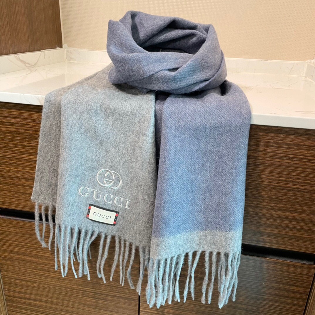 Gucci Cashmere Scarf Colorblock Gray Blue For Women 190cm