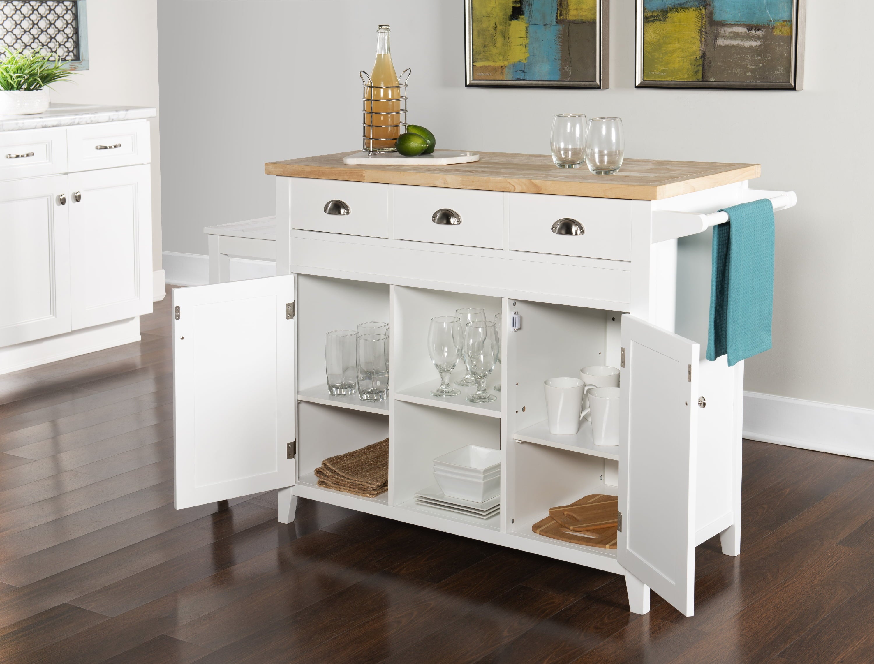 Linon Statum 3-Drawer Expandable Kitchen Cart with Open Shelves, White Finish
