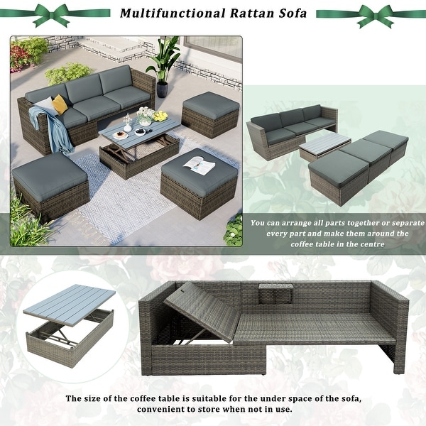 5Piece PE Wicker Sofa Set with Adjustable Backrest,Ottomans,and Lift Top Table