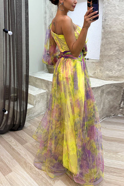 One Shoulder Maxi Dress with High Slit & Mesh OverlayClistos