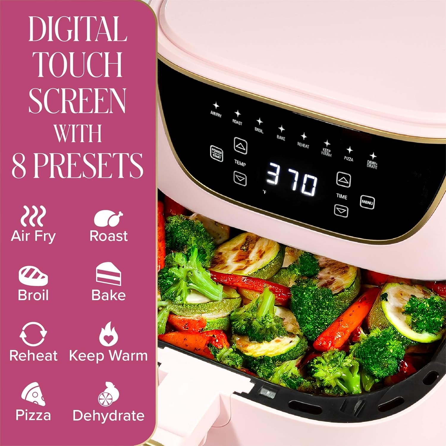 6QT 8-in-1 Air Fryer, PFAS-Free Nonstick, Illuminated Touchscreen, Pink Finish