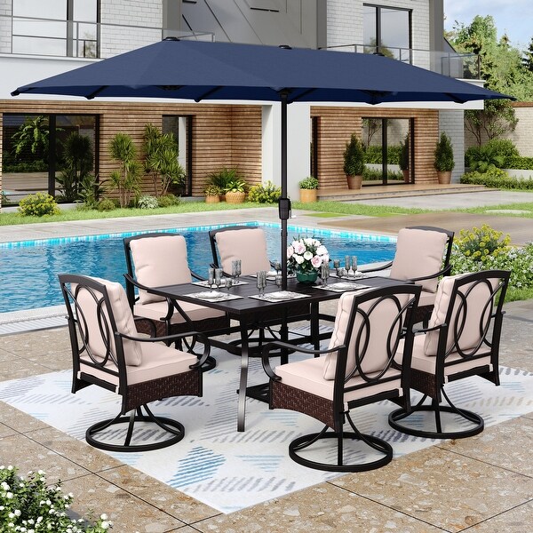 MAISON ARTS 8Piece Black Metal Outdoor Dining Set with Beige Cushions and Umbrella