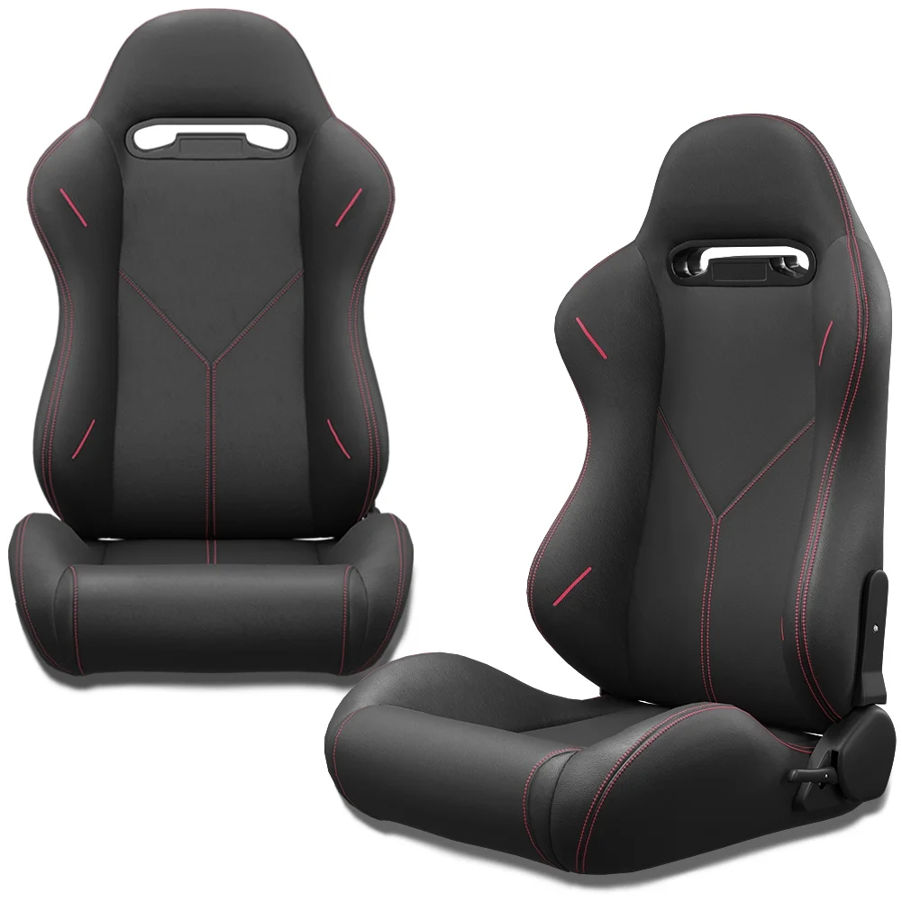 2PC Universal Bucket Racing Seats Red Stitch Red PVC Leather Reclinable Carbon Look Leather Back With Adjustor Slider (Not Including Seat Bracket )