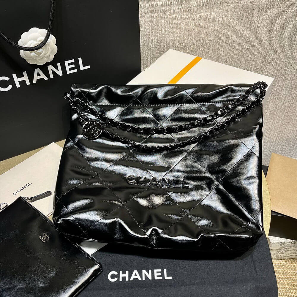 Chanel 22 Small Handbag Shiny Calfskin Black with Black logo