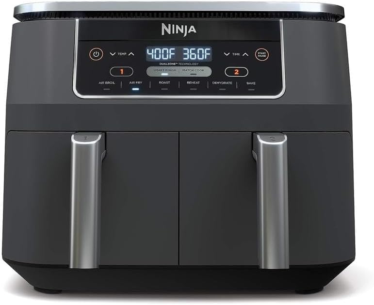 DZ401 Foodi 10 Quart 6-in-1 DualZone XL 2-Basket Air Fryer with 2 Independent Frying Baskets, Match Cook & Smart Finish to Roast, Broil, Dehydrate for Quick, Easy Family-Sized Meals, Grey
