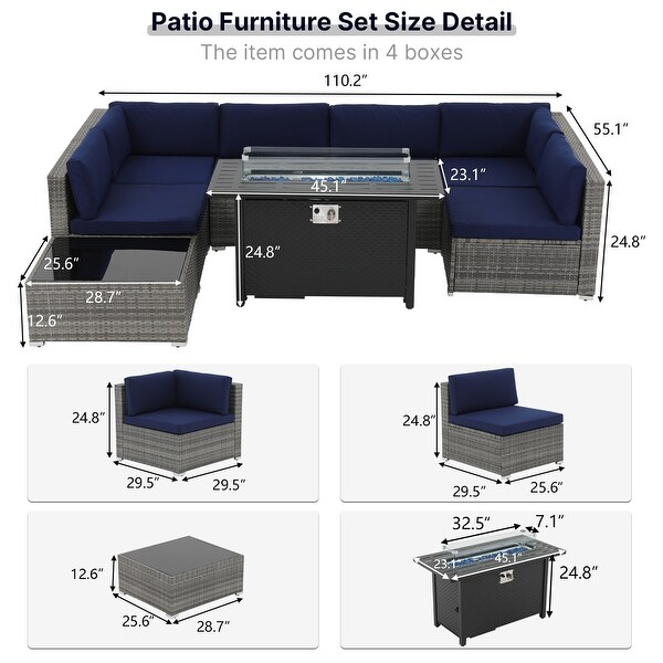 Grey 8Piece Wicker Patio Furniture Set Navy Blue Cushions with Black 45�� 50000 BTU Propane Fire Pit Table
