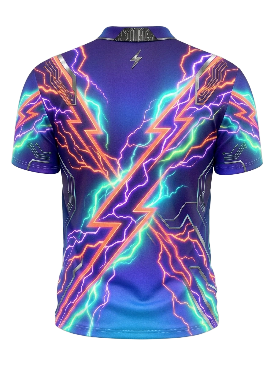 Moisture Wicking Golf Polo 3D Blue Multicolor Lightning Circuit Button Short Sleeve Golf Polo Shirt