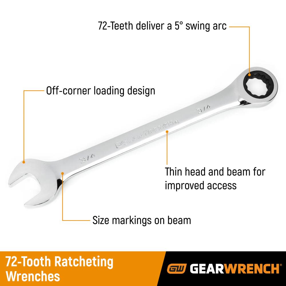 13 Pc 72-Tooth 12 Point Reversible Ratcheting Combination SAE Wrench Set