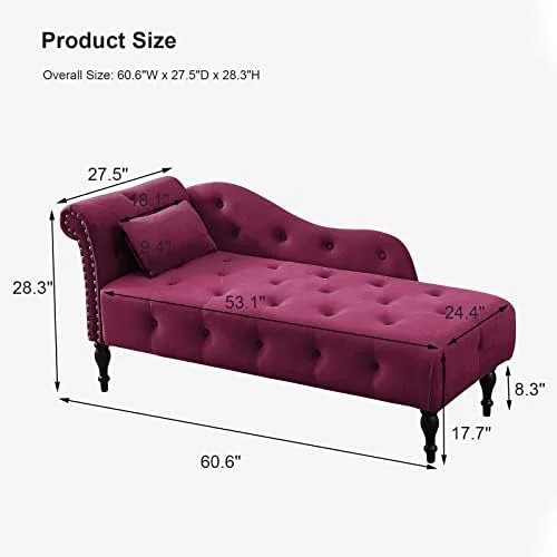 xrboomlife Velvet Chaise Lounge Indoor  60\u201D Tufted Upholstered Lounge Chair with Pillow & Rolled Arm Nailhead Trim for Bedroom Living Room Office  Grey