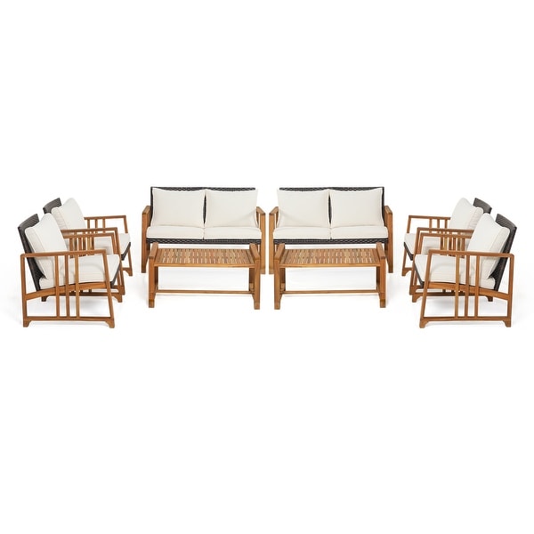 Gymax 8PCS Acacia Wood Wicker Sofa Set Frame w/ Seat and Back Cushions