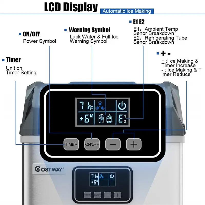 Stainless Steel Countertop Ice Maker – 48LB/24H Output, LCD Display, Self-Cleaning Function & Ice Scoop Basket