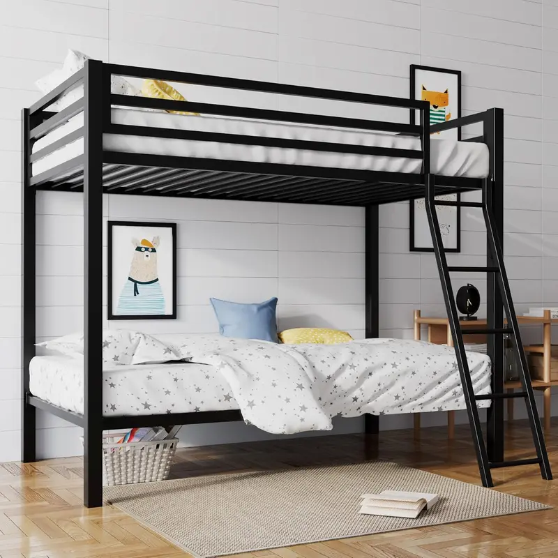 SHA CERLIN Twin-over-Twin Loft Bunk Bed — Industrial Metal Frame with Safety Ladder and Slats