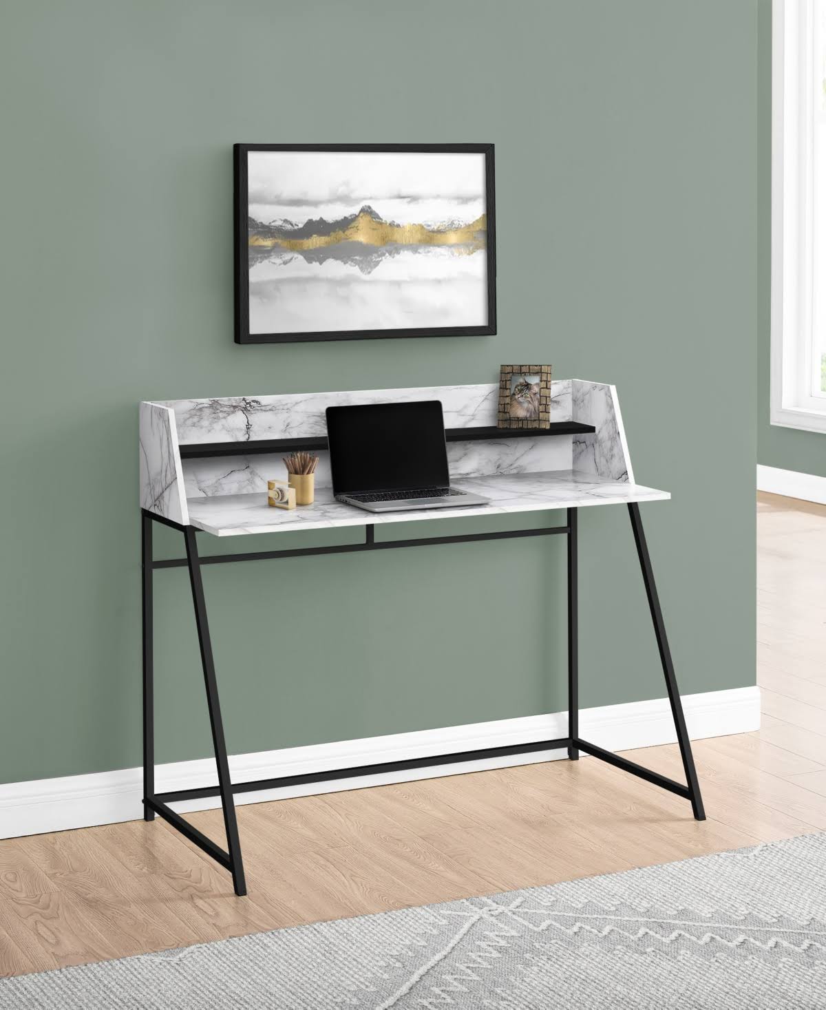 Monarch Computer Desk - 48x22L / White Marble-Look / Black Metal