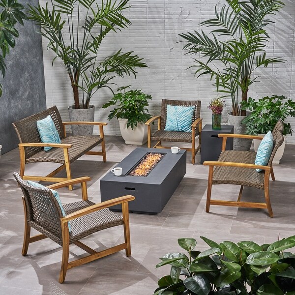 Augusta Outdoor Acacia Wood and Wicker 6 Seater Chat Set with Fire Pit by Christopher Knight Home