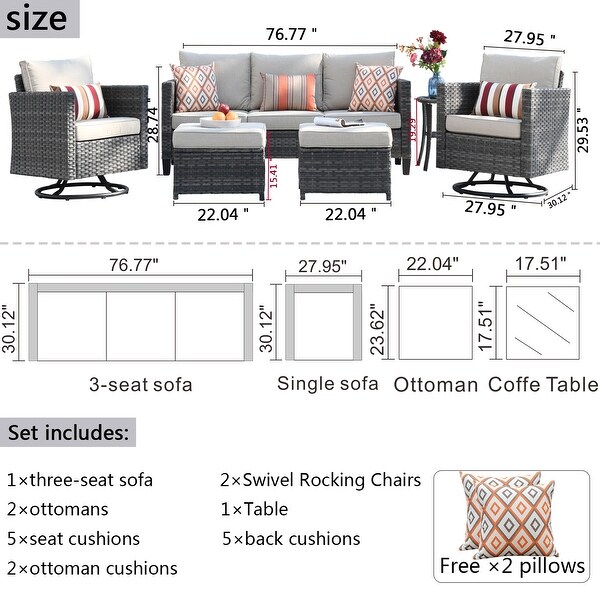 OVIOS 6piece Wicker Sectional Sofa Swivel Rocking Chair Set