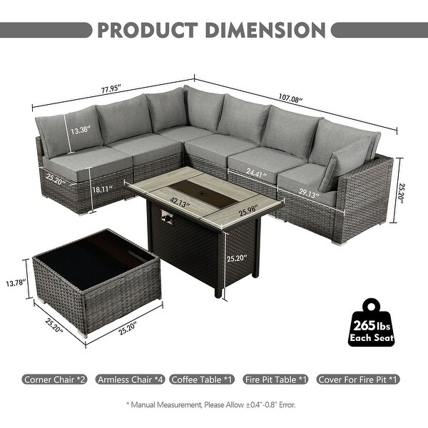 HOOOWOOO 8piece Patio Furniture Set Wicker Sectional Sofa with Fire Pit Table