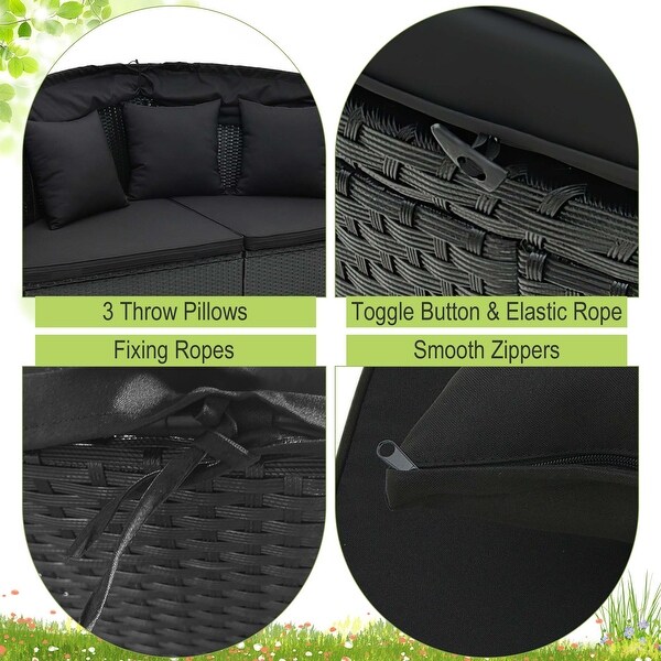 Patio Round Daybed with Retractable Canopy Rattan Sectional Seating