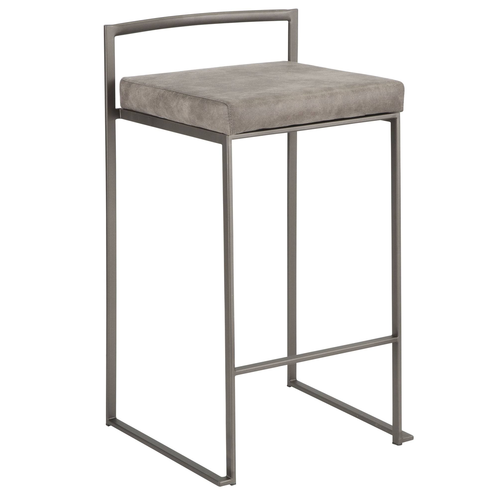 Set of 2 Industrial Counter Stools in Stone Cowboy Fabric and Antique Finish 31x22