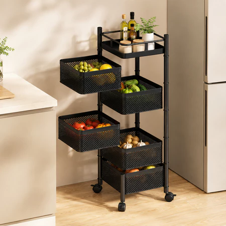 5 Tier Rotating Storage Rack with Wheels Kitchen Organizer Rolling Cart Vegetable Fruit Basket Space