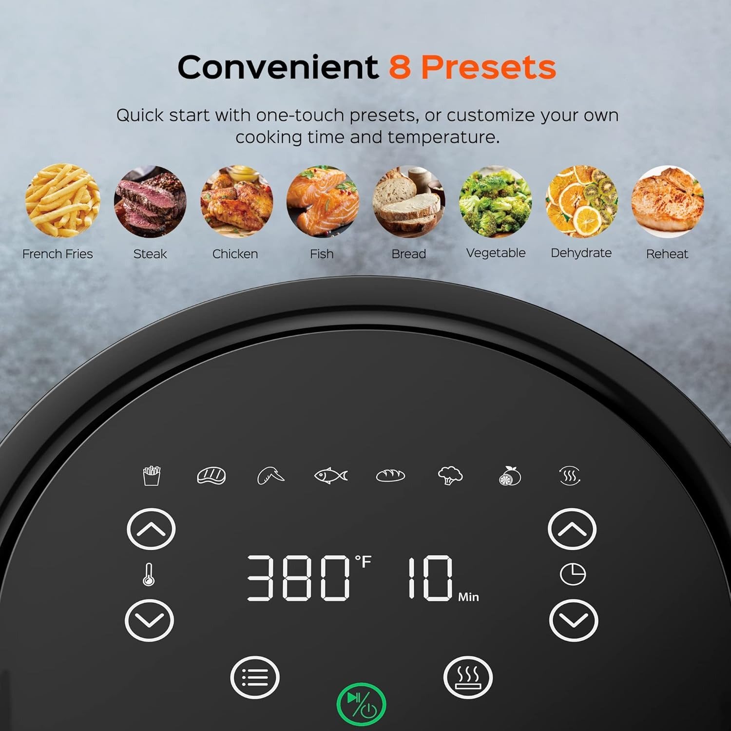 4QT 9-in-1 Electric Air Fryer, 360° Rapid Air Circulation, 100-450°F Wide Temp, Shake Reminder, Touch Screen, Black Stainless Steel