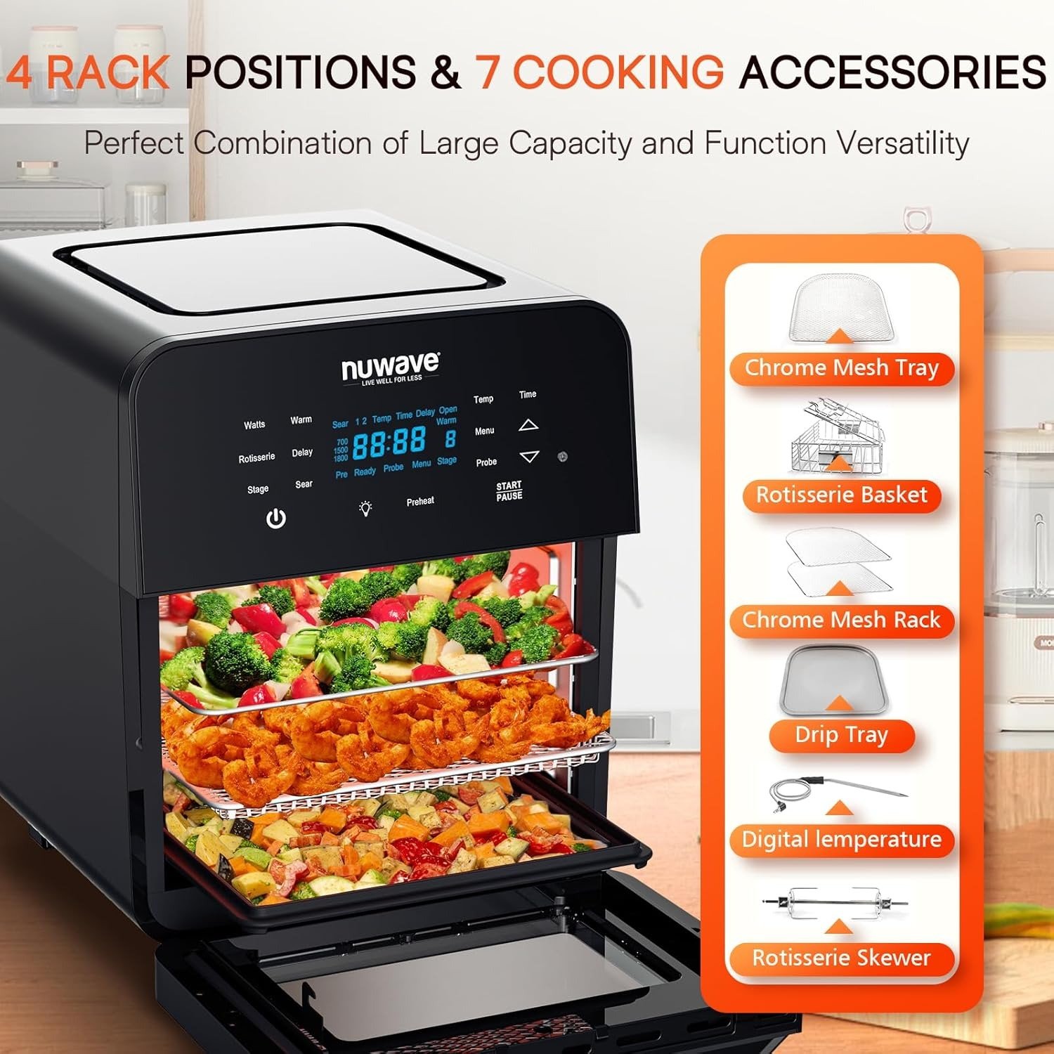 15.5QT 10-in-1 Air Fryer Rotisserie Oven, 360° Hot Air Circulation, 150 Presets, Non-Stick Coating, Black Stainless Steel