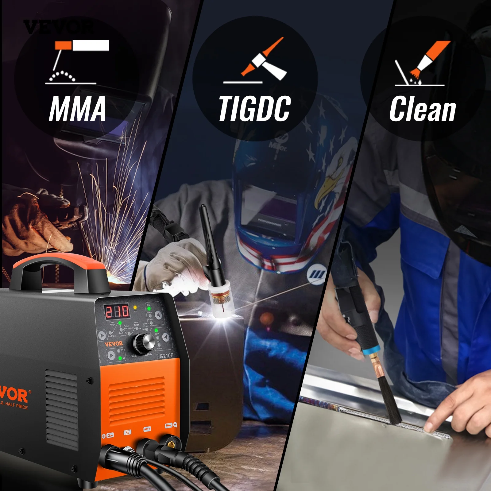 VEVOR 210Amp TIG Welder 110/220V Dual Voltage HF TIG/Stick/Clean 3 in 1 Welder w/ Pulse, IGBT Inverter & Torch, Digital Arc Welding Machine for Stainless Steel, Iron, Mild Steel, Copper, and Nickel