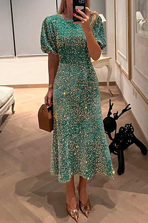 Sequin Midi Party Dress Puff SleeveClistos