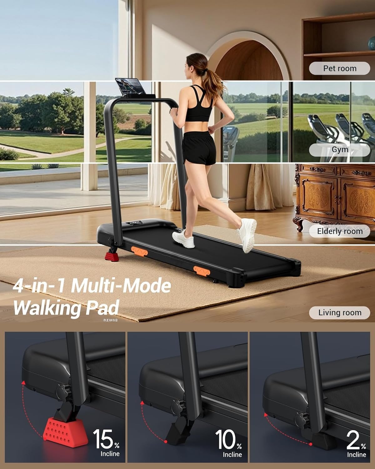 3-in-1 Foldable Treadmill with 300 LBS Capacity, 15% Walking Pad Treadmills for Home and Office, 2.5 HP Under Desk Treadmill with Quiet Brushles