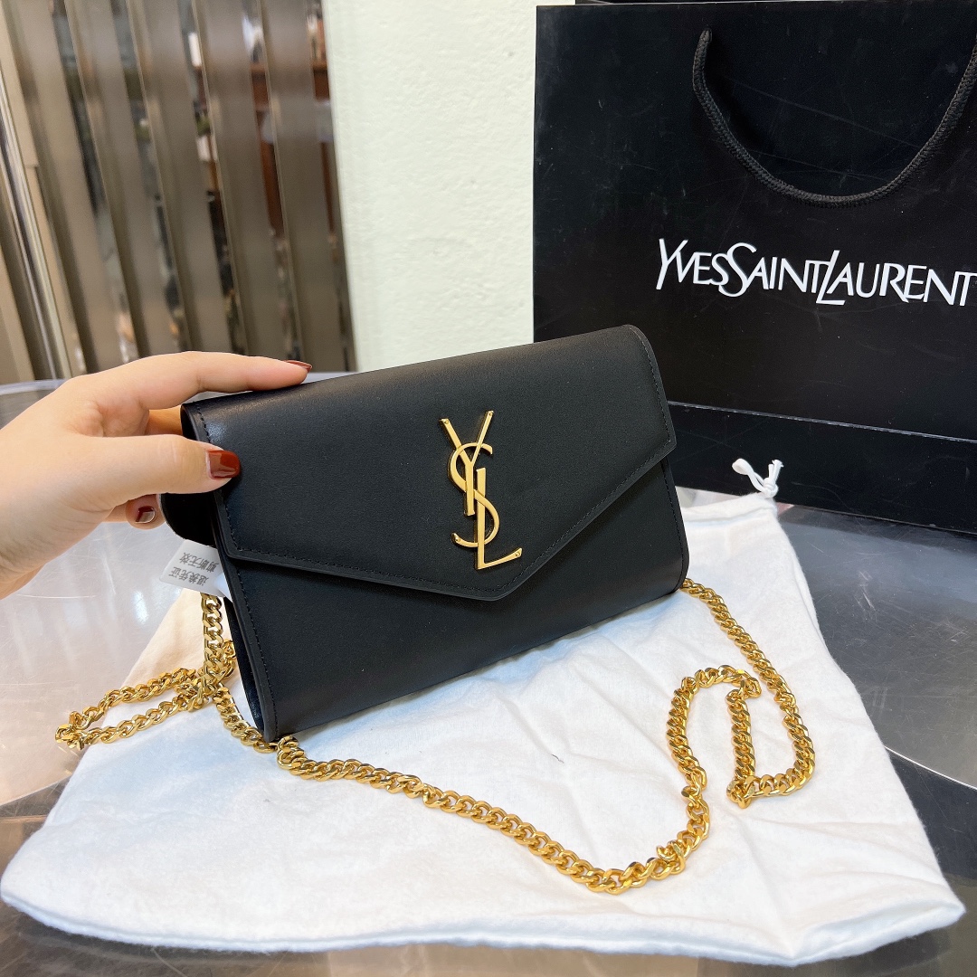 Saint Laurent Uptown Chain Wallet In Grain De Poudre Embossed Black 19Cm