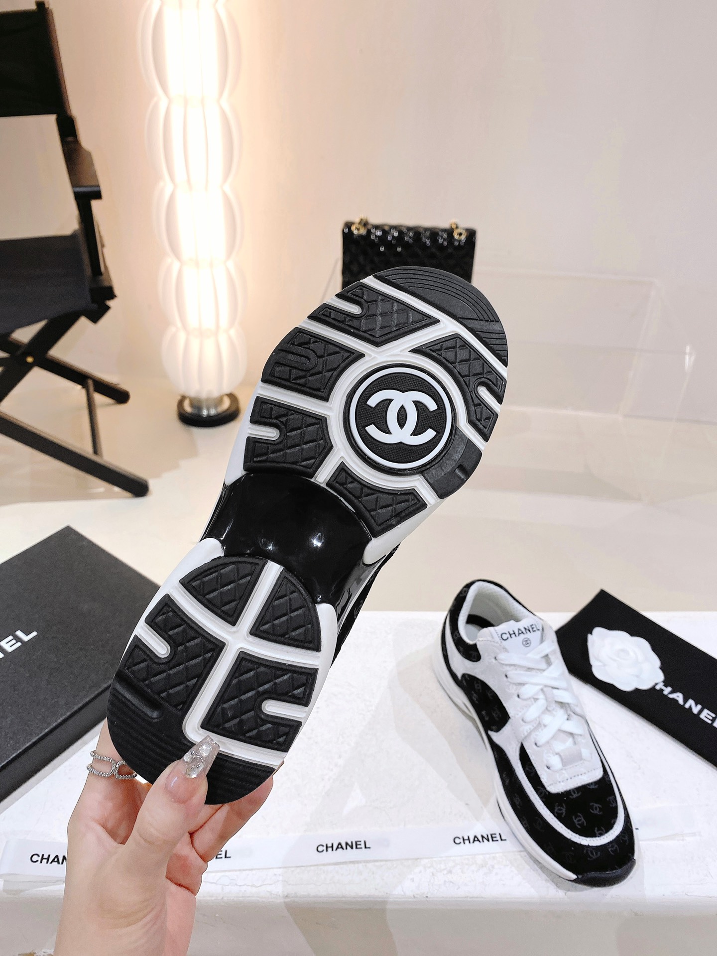 Chanel Printed Suede Calfskin Sneakers White And Black G39230 X56653 94305