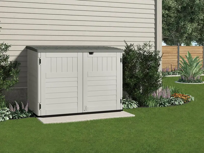 Suncast BMS4700 Resin Storage Shed – Off-White/Gray, 70.5″W x 44.25″D x 52″H, Double Doors & UV Protection