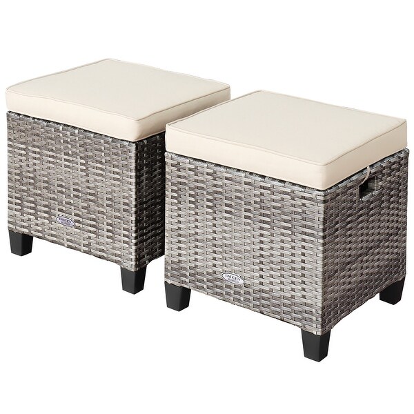 Costway 2PCS Patio Rattan Cushioned Ottoman Seat Foot Rest Table
