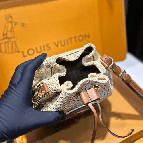 Louis Vuitton Noé Purse Raffia Woven Mini Bucket Bag Brown 7.5 Inches