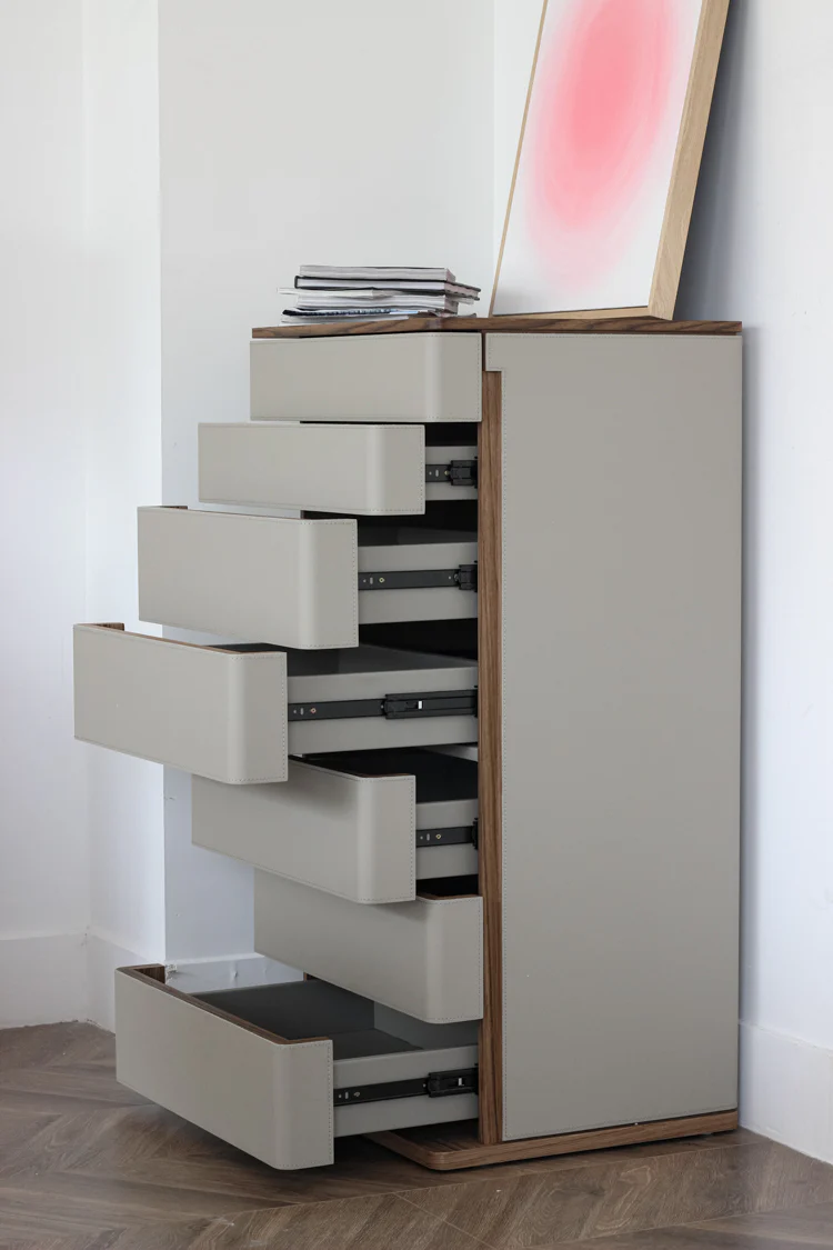 GA006 - Italian H Luxury Saddle Leather Elephant Grey Side Cabinet: Bedroom Drawer Cabinet