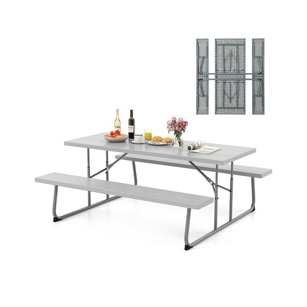 Folding Picnic Table Set with Metal Frame and AllWeather HDPE Tabletop,Umbrella Hole