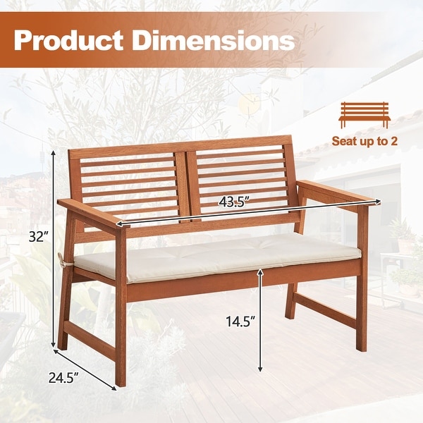 2Person Solid Wood Patio Bench with Backrest and Cushion