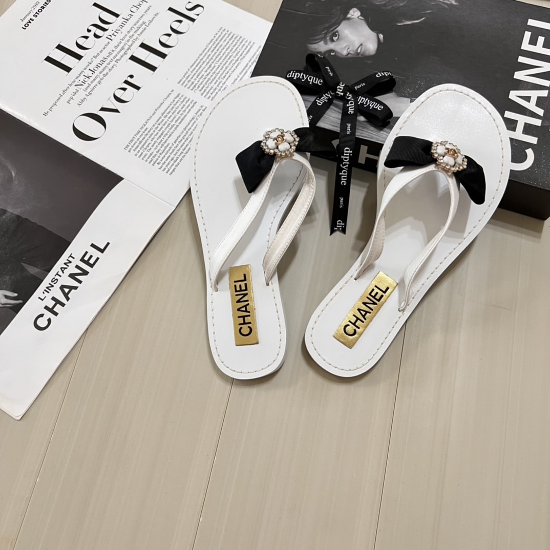 Chanel Thong Slide White Camellia Cc Logo Bow White