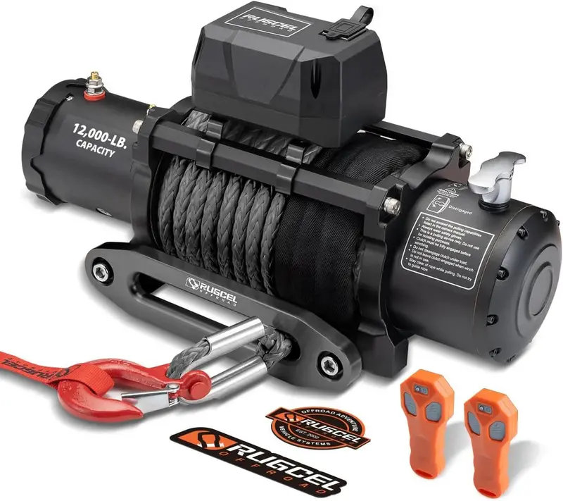 RUGCEL 12000LB 12V Waterproof Electric Winch — Steel Rope Model with Roller Fairlead, Wired Control & Dual Infrared Remotes
