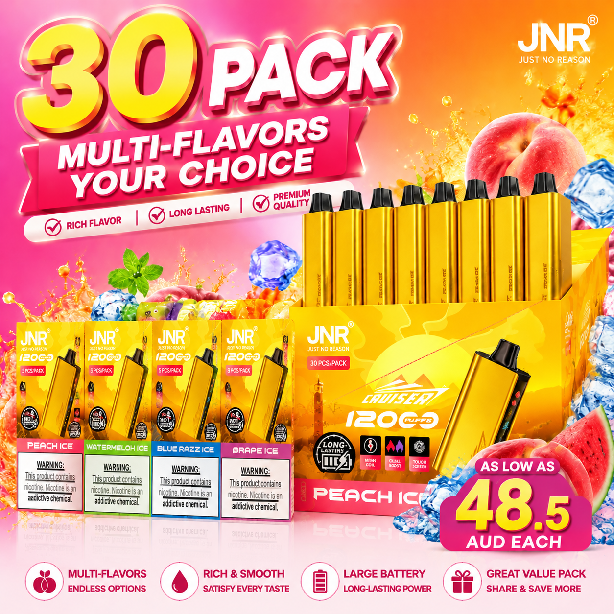 JNR Cruiser 12000 puffs1/5/10/20/30-piece pack Multiple flavors(Ship from Australia)
