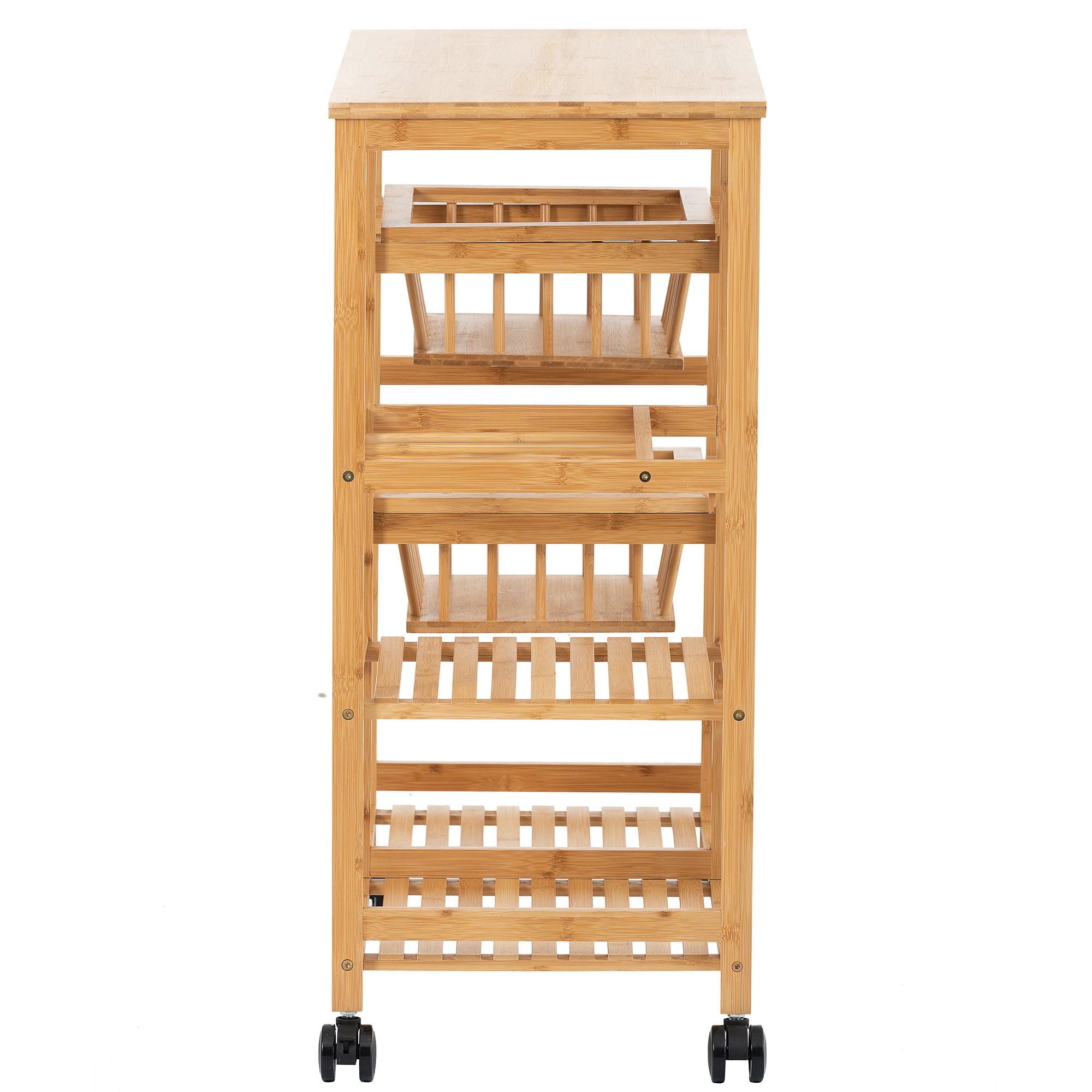 Rolling Kitchen Cart with Storage, BTMWAY Wood Kitchen Bakers Rack 3-Tier Utility Cart on Wheels, Counter Top Table Kitchen Microwave Cart with 2 Baskets, 3 Shelf, Walnut