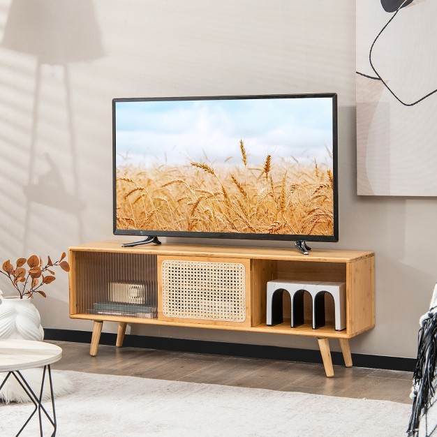 Costway Modern Tv Stand Entertainment Center Media Console W rattan Glass Sliding Doors