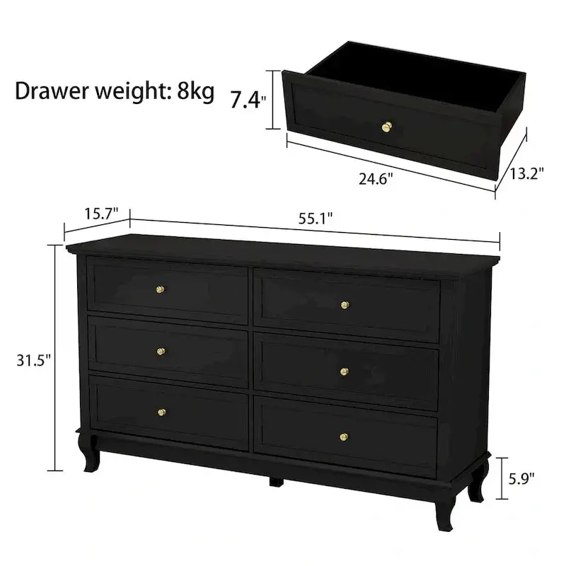 Wooden Six-Drawer Dresser – Spacious Double Dresser with Deep Compartments