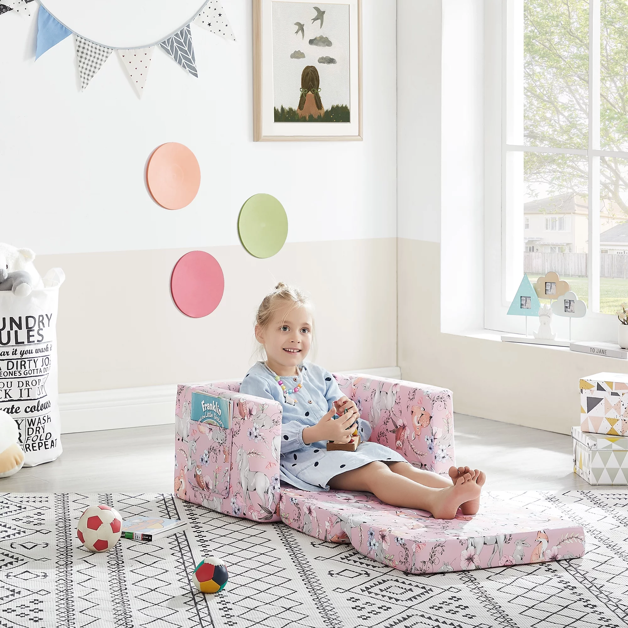 Ulax Furniture Convertible Kids Chair 2-in-1 Flip Open Toddler Couch/Sleeper Sofa for Kids (Pink Unicorn)