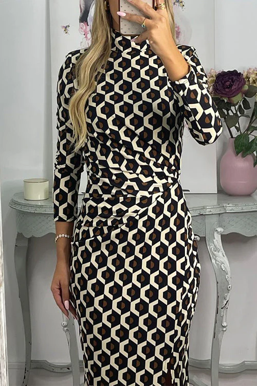 Printed Ruched Mock Neck Midi DressClistos