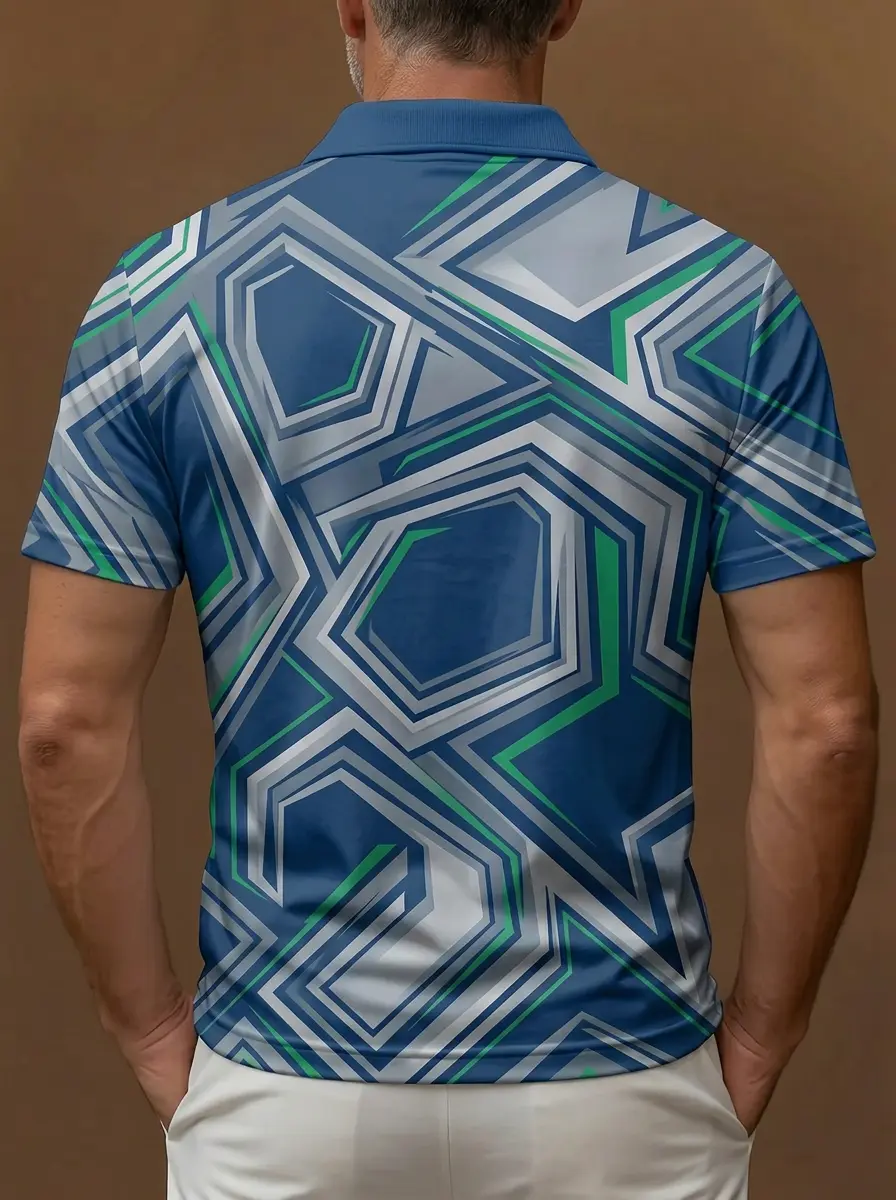 Blue Green Silver Geometric Star Print Short Sleeve Golf Polo Shirt