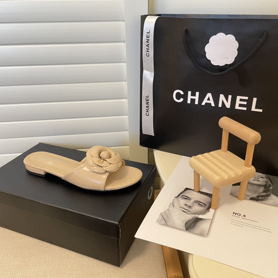 Chanel Camellia Slides Beige