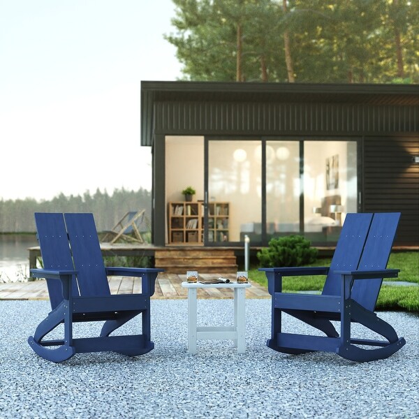 2 Modern Dual Slat Poly Resin Adirondack Rocking Chairs with Side Table